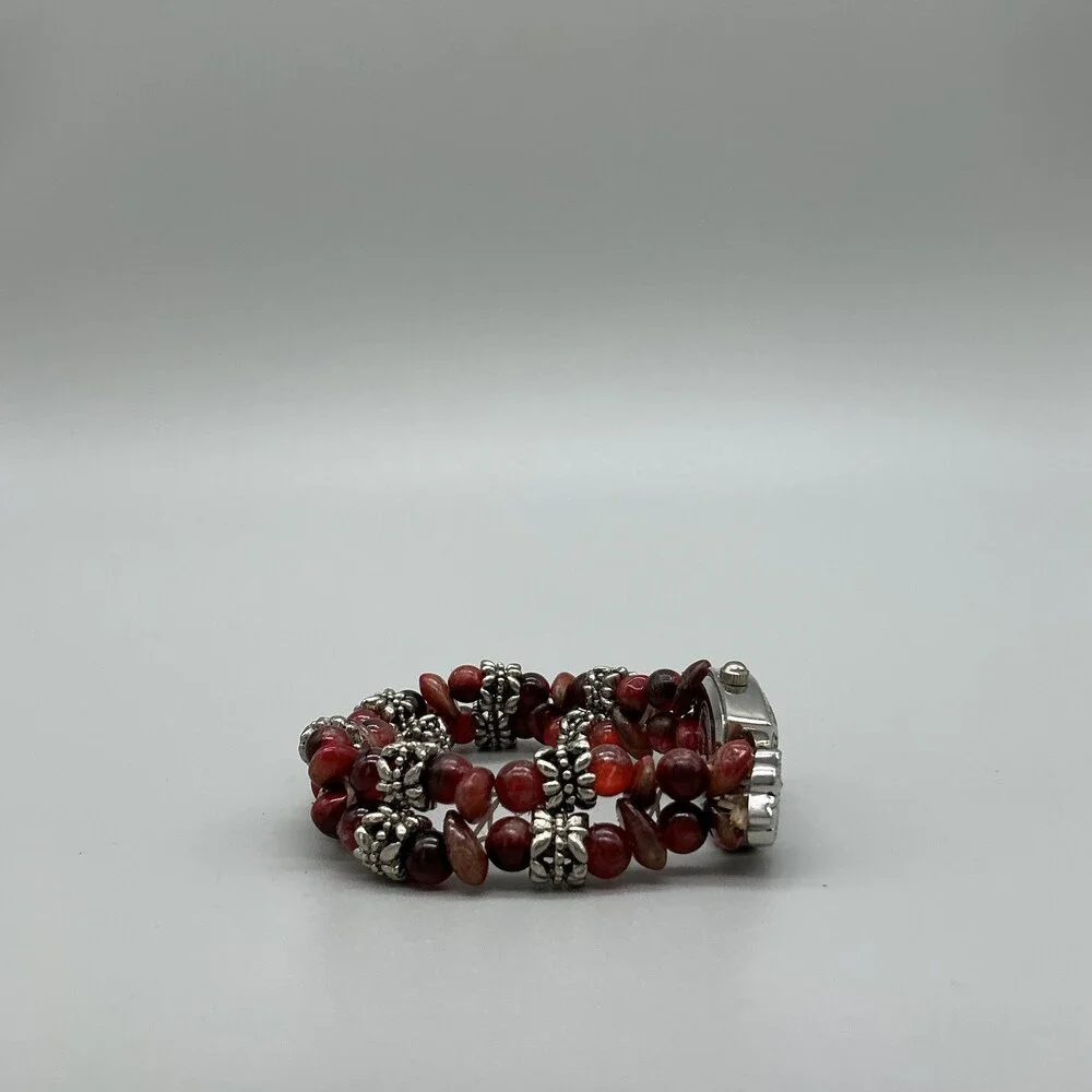 Vivani Womens Watch 18mm Silver Tone Red Beaded Stretch Band New Battery